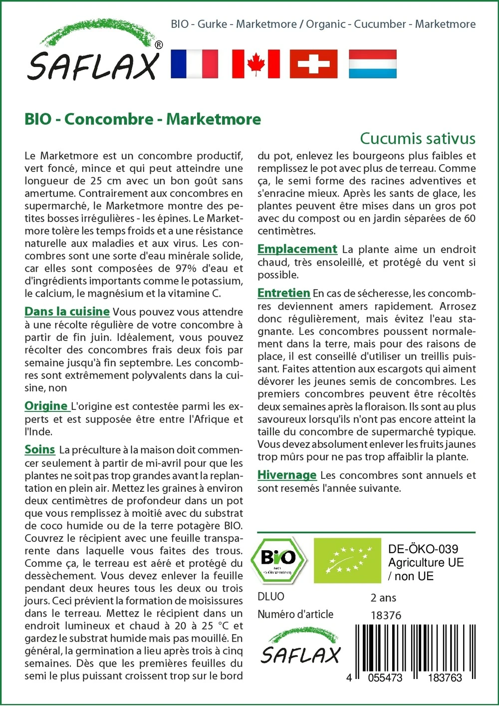 Kit De Culture - Bio - Concombre - Marketmore - 20 Graines - Cucumis Sativus 5 Kit De Culture - Bio - Concombre - Marketmore - 20 Graines - Cucumis Sativus – Image 3
